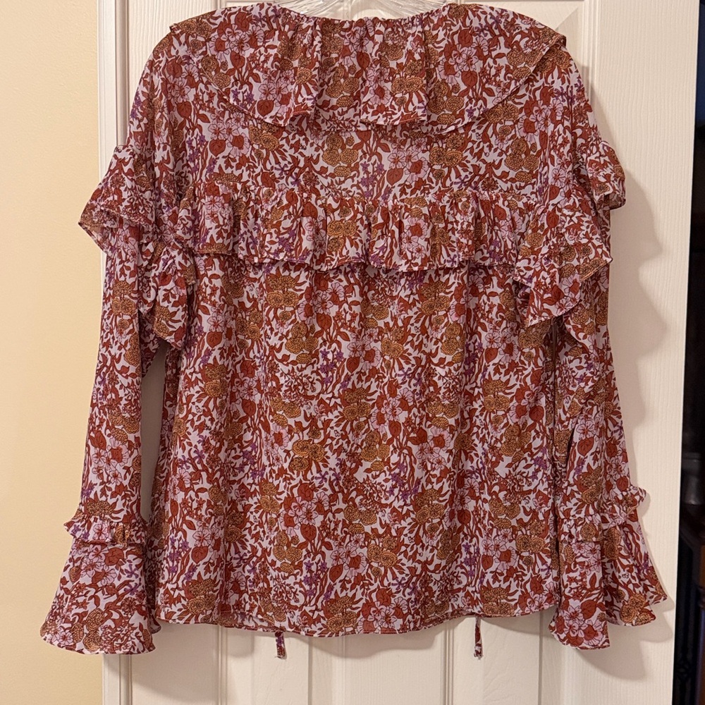 J. Crew Rust Floral Blouse with Ruffles - Picture 3 of 4